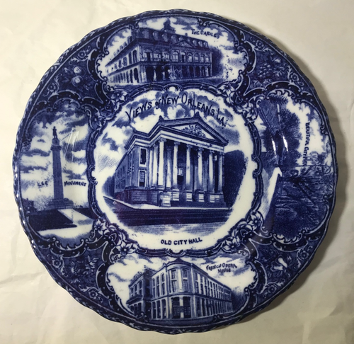 Souvenir Porcelain Plate New Orleans LA Landmarks Blue White Vintage England - Picture 1 of 7