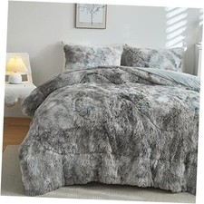 Faux Fur Plush Comforter Set Fluffy Fuzzy Shaggy Queen Tie Dye Grey White