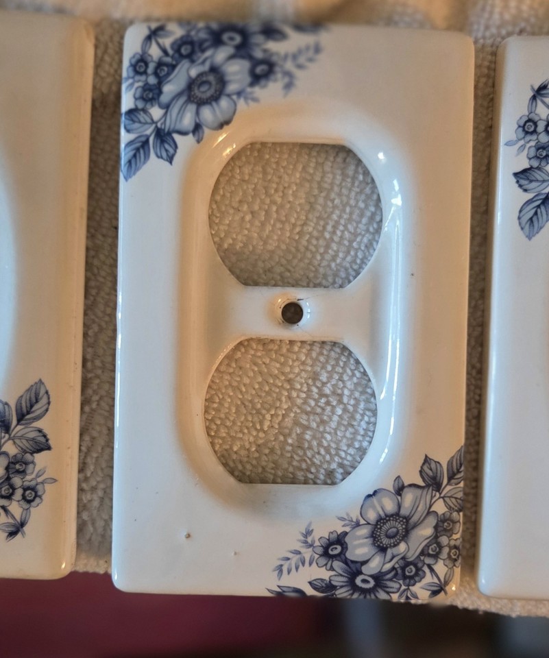 3 Vintage Ceramic Light Outlet Switch Cover Blue Flowers Heavy Antique ...