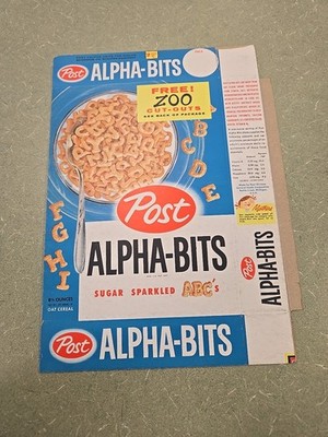 1958 Post Alpha-Bits Cereal Box Unused Flat, Alpha-bits Zoo on Back!!