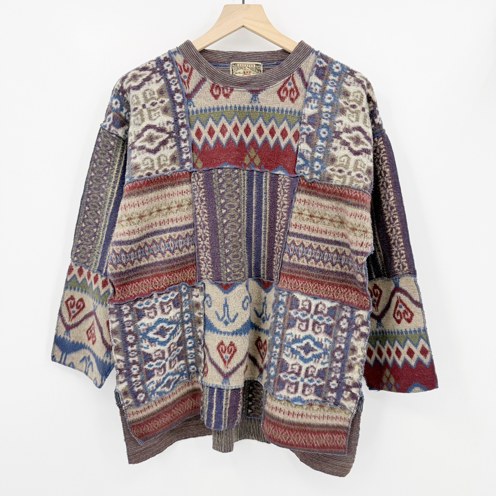 Vintage Express Patchwork Knit Fuzzy Sweater OS B… - image 1