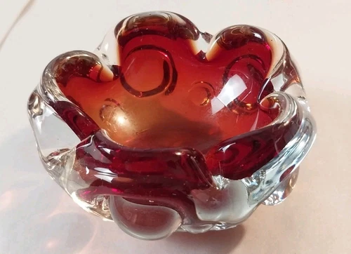 VTG Murano Style Sommerso Art Glass Dish Ashtray Small & Heavy 3.5"×2" No Chips!