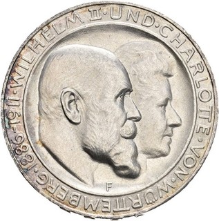 Künker: Württemberg Wilhelm II. 3 Mark 1911 F Silberne Hochzeit Silber