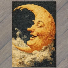 POSTCARD Crescent Moon Smiling Face Orange Clouds Black Sky Halloween Whimsy