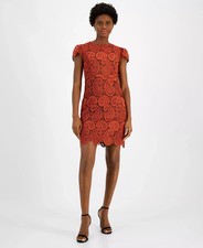 Tahari ASL Round-Neck Lace Short-Sleeve Sheath Dress Women's 6 Brick/Espresso