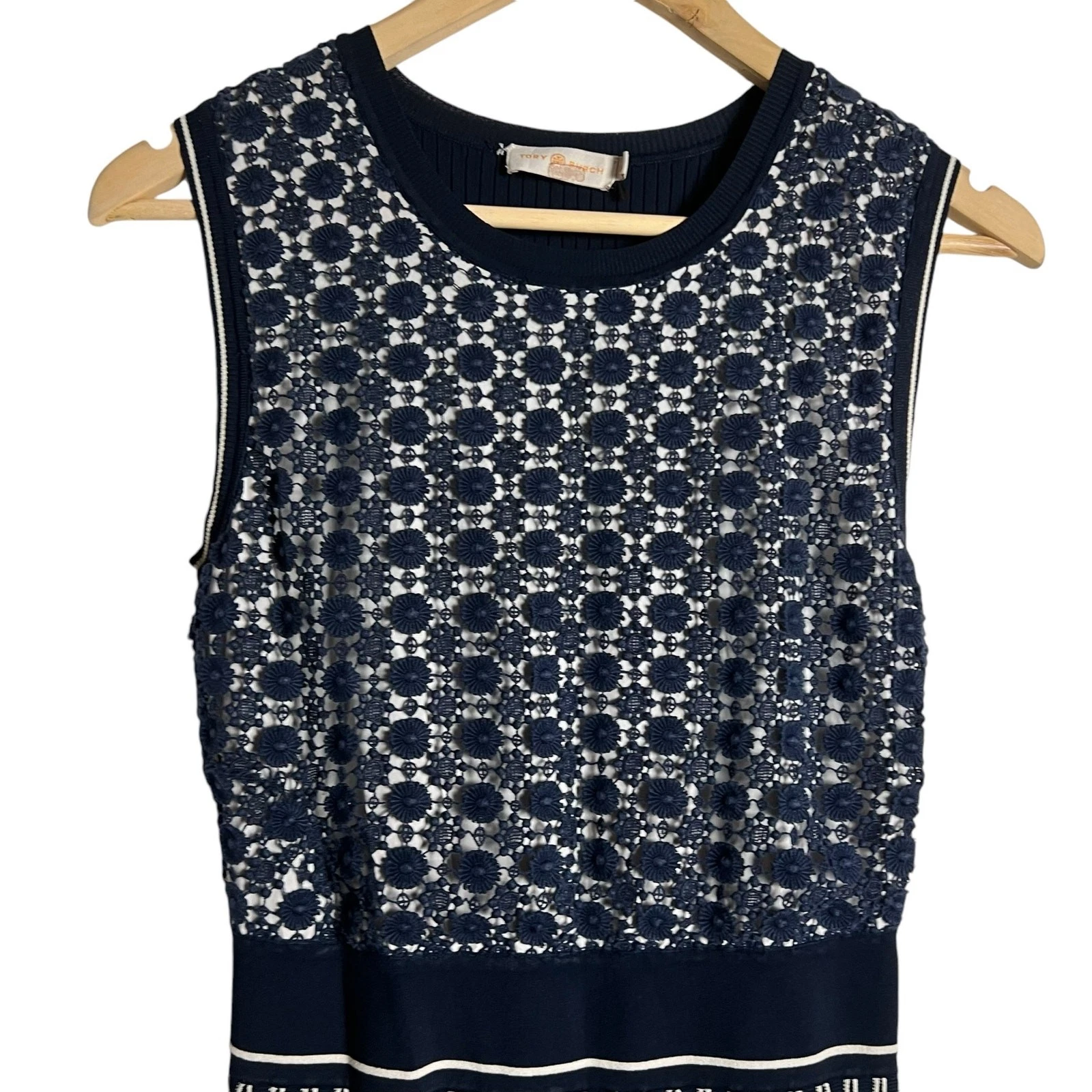 Abito maglione midi Tory Burch blu navy senza maniche plissettato maglia girocollo taglia XS