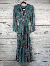 MISA Los Angeles Dress Womens XS Teal Floral Long Sleeve Tiered Maxi Boho