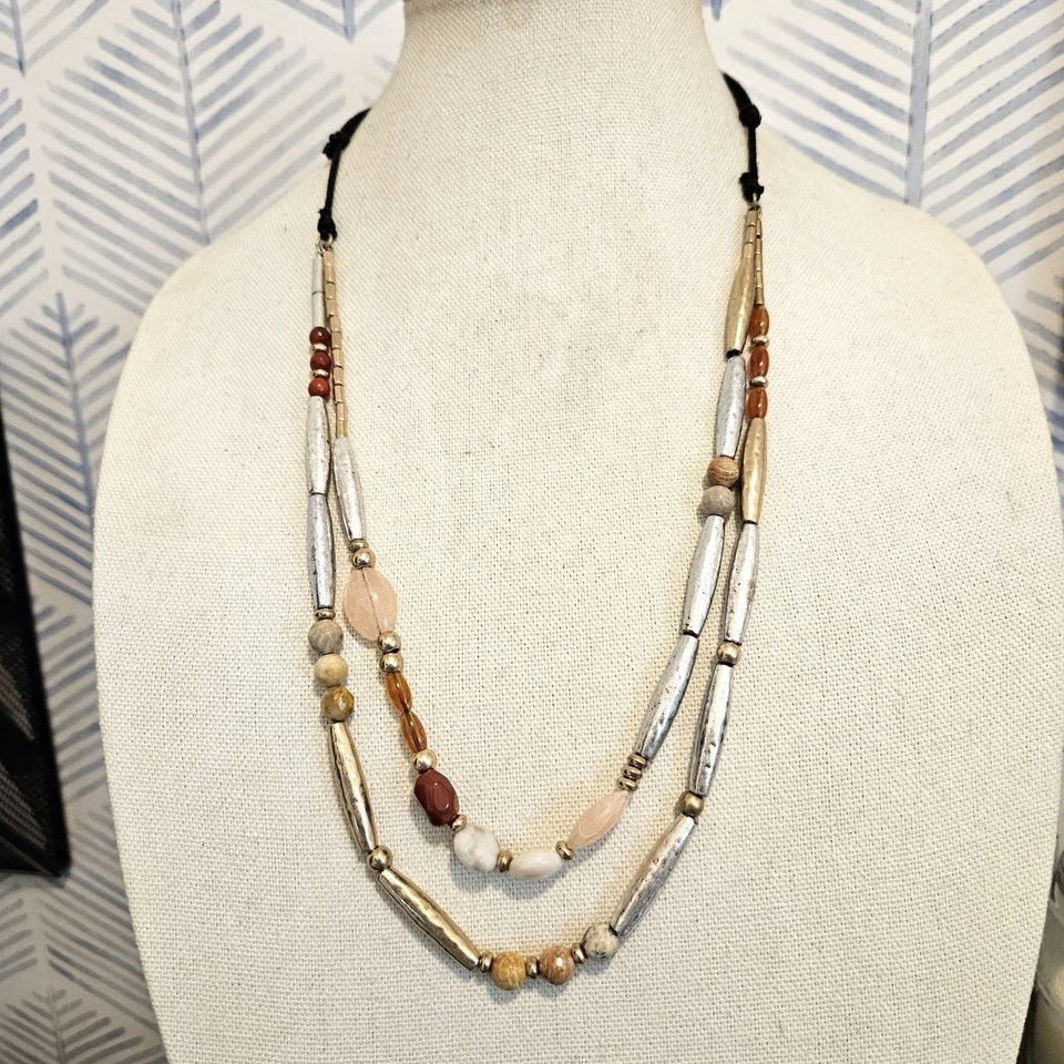 Collar J.Jill Terracota Otoño Puesta de Sol Doble Hilo Cuentas Cordón de Cuero Marrón Foto 3 de 4