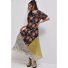 Anthropologie Verb Mixed Floral Prints Scarf Maxi Dress Lace Trim Boho Sz S