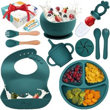 10 PCS Silicone Baby Feeding Set Led Weaning Plates Bowls Bib Spoons Green