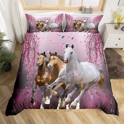 Boys Horse Duvet Cover Set Cherry Blossom Branches Steed Kids Bedding Set for...