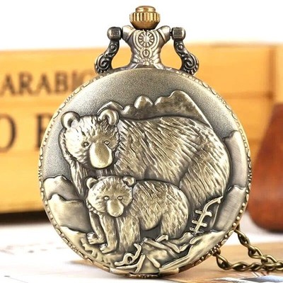 Reloj bolsillo antiguo diseño oso color cobre bonito collar madre hijo regalo
