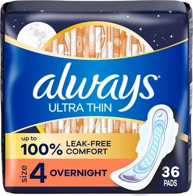 Always Ultra Thin Pads Size 4 Overnight Wings Unscented 36 Ct Women