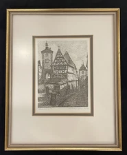 Ernst Geissendorfer Original Etching "Plonlein" Rothenburg Signed Framed 12x10”