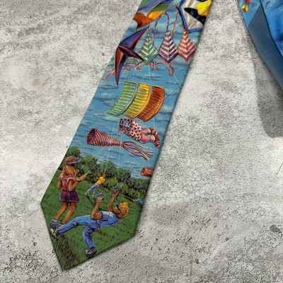 Vintage Ralph Marlin Tie Mens OS Aqua Americana Kites Art To Wear USA Necktie