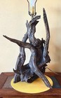 VINTAGE MCM X-LARGE FAUX BOIS CHALKWARE DRIFTWOOD TABLE LAMP RETRO KIDNEY SHADE — photo 5