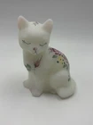 Vintage Fenton Cat Satin Frosted Glass Hand Painted Pink Floral Signed