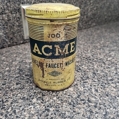 #ad Vintage ACME Beveled Faucet Washers Tin Yellow amp; Green Condition Fair w Washers $10.00