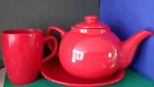 GESCHIRR X 3 TEILE TEEKANNE TASSE UNTERTASSE EISENSTEIN ROT FARBE SAMMLERSTÜCK KÜCHE
