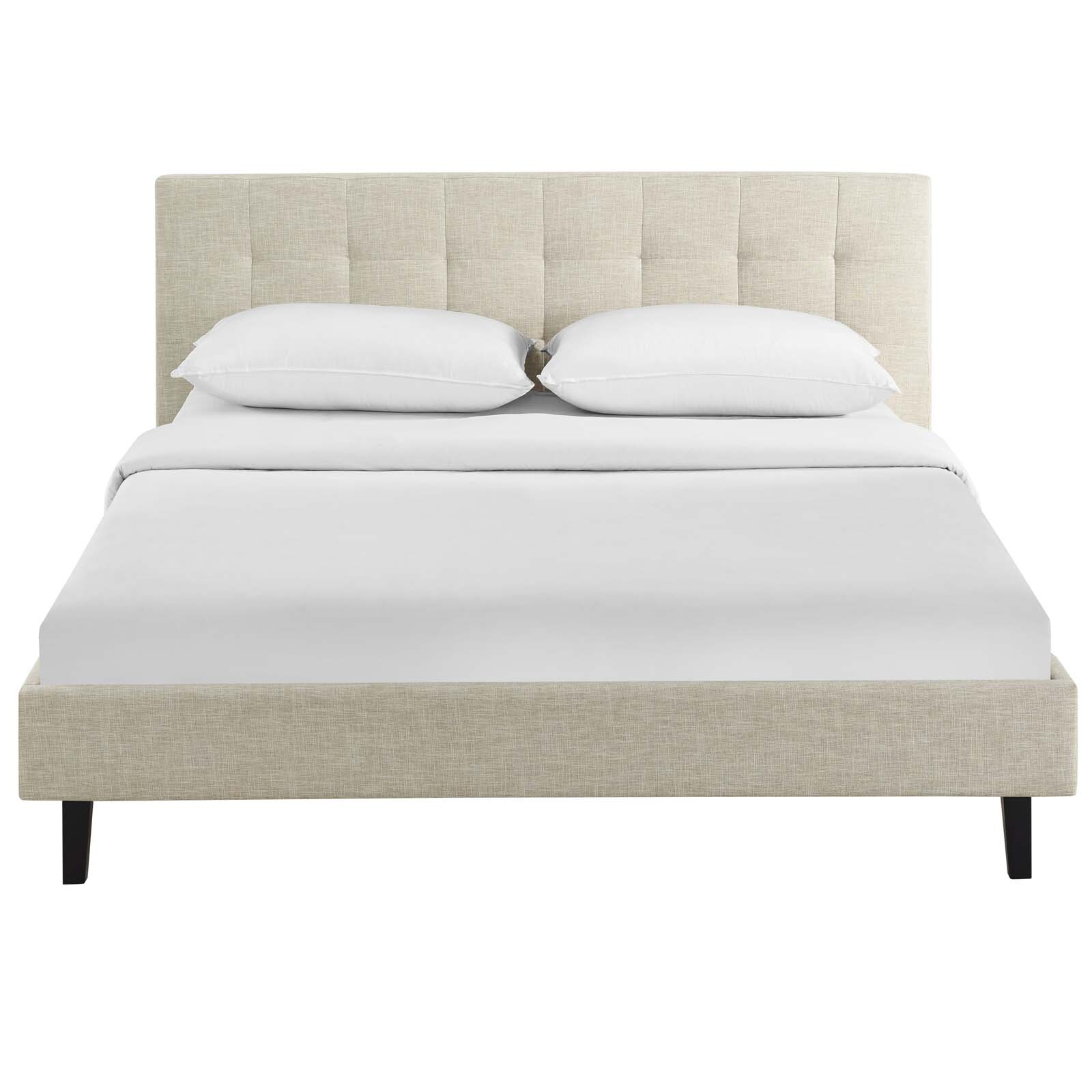 Modway Tufted Beige Fabric Upholstered Full Platform Bed Frame With Wood Slats