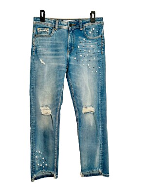 Zara Basic Women's Jeans Z1975 Denim Size 2 Pearl Embellished Distressed Denim