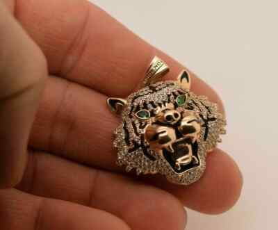 2Ct Pear Cut Emerald & Diamond Tiger Head Face Pendant Mens 14K Rose Gold Over