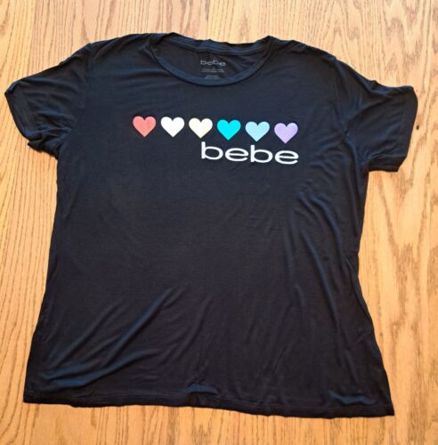 bebe T-Shirt Hearts Print Womens Size 1X Short Sleeves Black Stretch Spandex - Picture 1 of 6