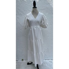 Nasty Gal Collection Womens Cotton Puff Sleeve Wrap Midi Dress White Sz 4