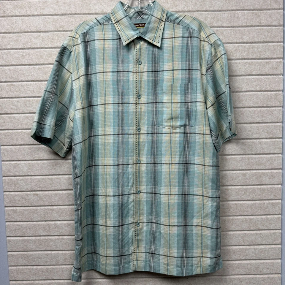Cubavera Linen Blend Blue Windowpane Plaid Short Sleeve Button-Up Shirt M - Image 2 of 4