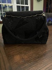 Vintage Black Beaded Purse Handle With Gold Tone Trim
