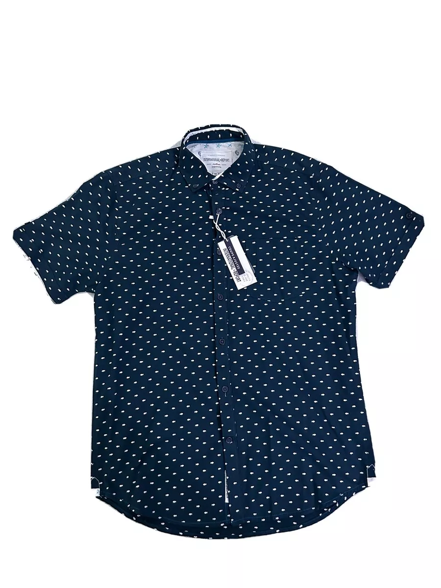 International Report Short Sleeve Button Down Shirt Size M Slim Navy Fish Print