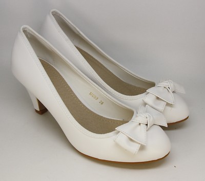 BRAUTSCHUHE ABEND PUMPS IN LEDER OPTIK IN WEISS KLEINE ABSATZ SCHLEIFE (A) M098