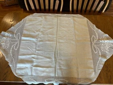 Vintage Beige 30.5x32.5” Square Linen Tablecloth With 11.5”Crocheted Drop Edges
