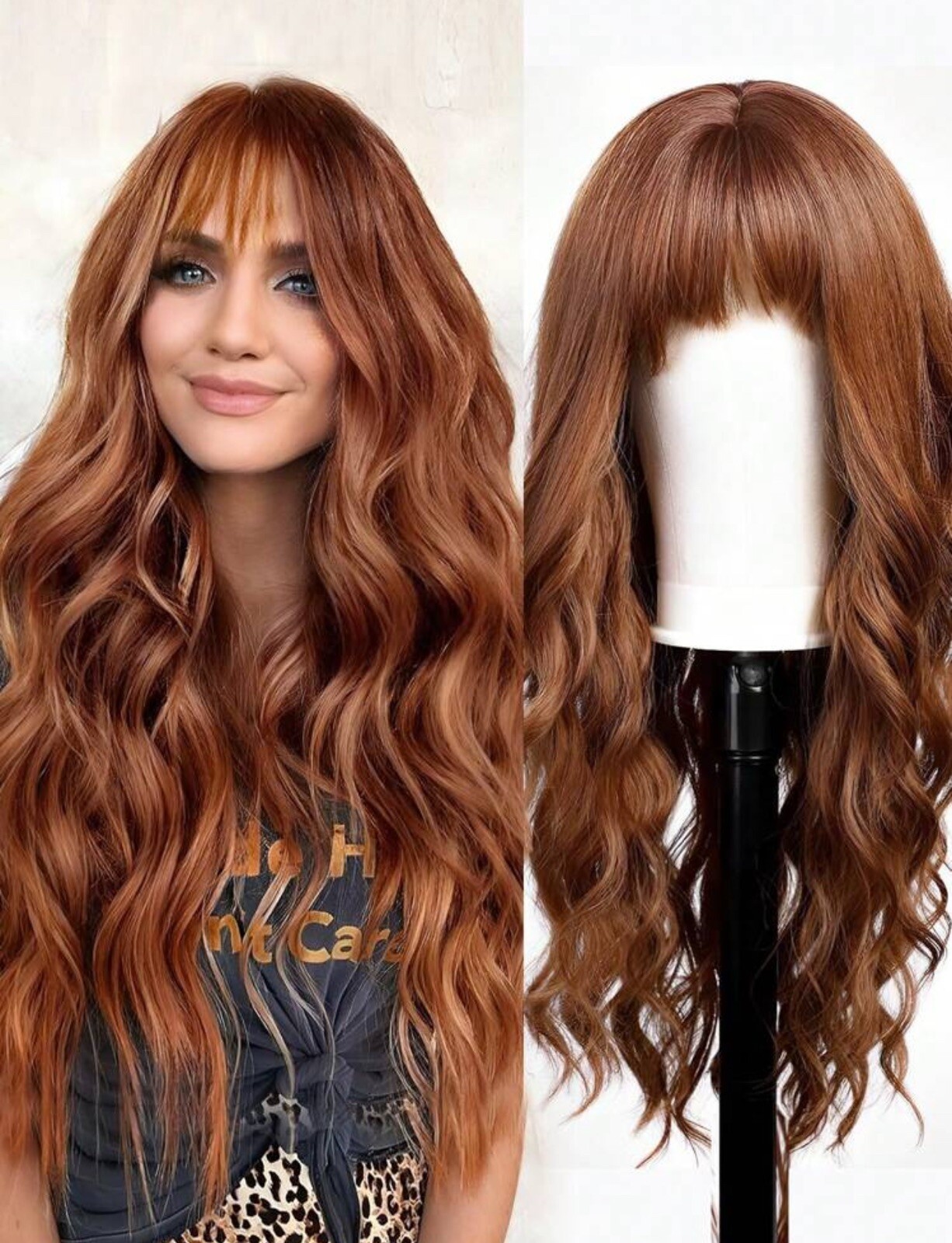 Perruque synthétique orange bouclée 60cm longue frange droite pour femme et homme