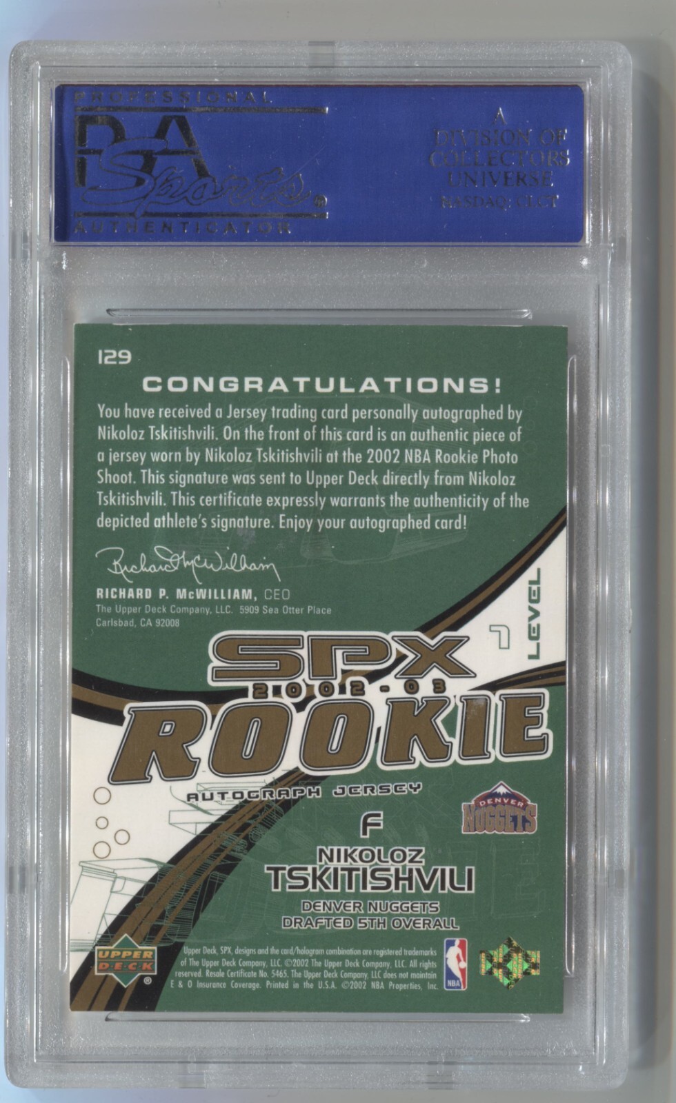 2002-03 SPX Spectrum Nikoloz Tskitishvili #1/25 PSA 9 Denver Nuggets auto jersey view 2