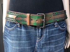 JOED Army Green Leather Belt Upcycled Made In Usa. Wide Size 36