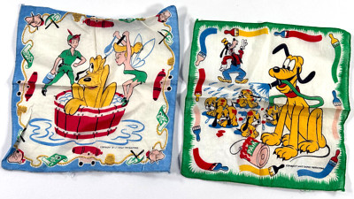 vtg Pair (x2) Walt Disney PLuto Peter Pan Goofy Hankies Scarf
