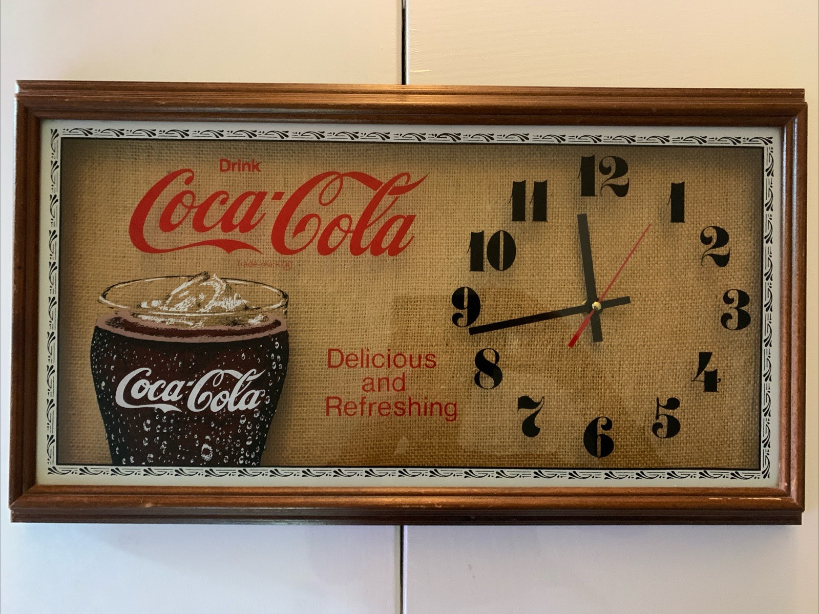 VTG Coca-Cola Wall Clock Advertising Wood Frame Glass Panel TESTED ONE OF A KIND