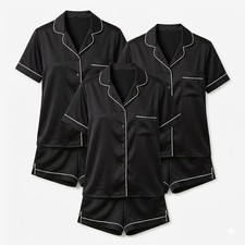 3 Pack Womens Satin PJ Set Short Sleeve Shirt & Shorts | Silky Pyjamas Nightwear