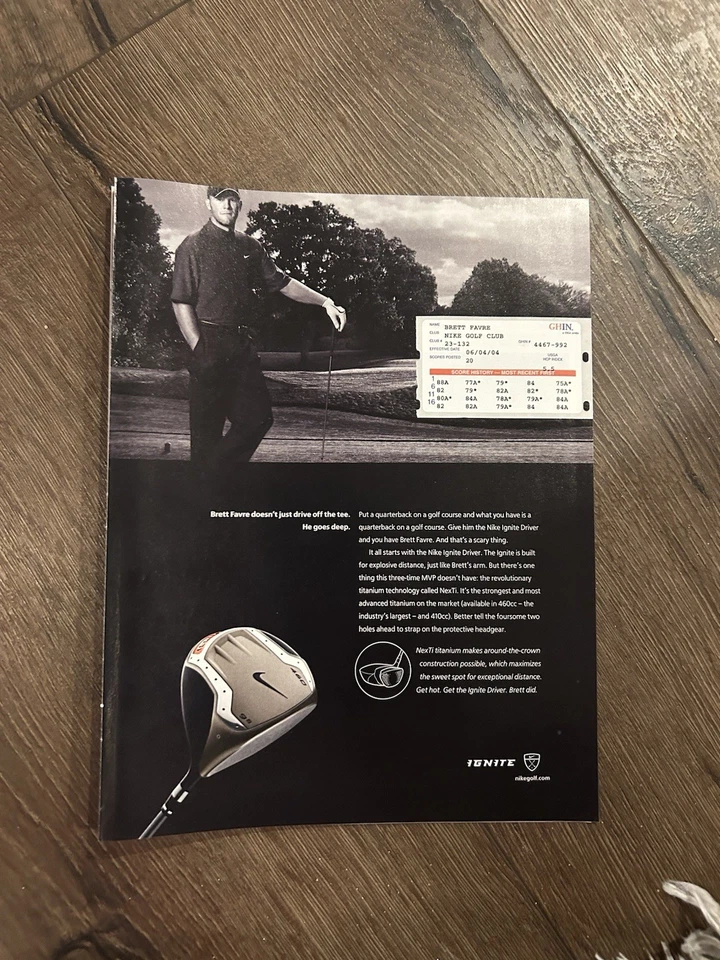 BRETT FAVRE 8 X 11" Ad Photo Poster NIKE GOLF CLUBS Ignite GREEN BAY PACKERS - Image 1 of 1