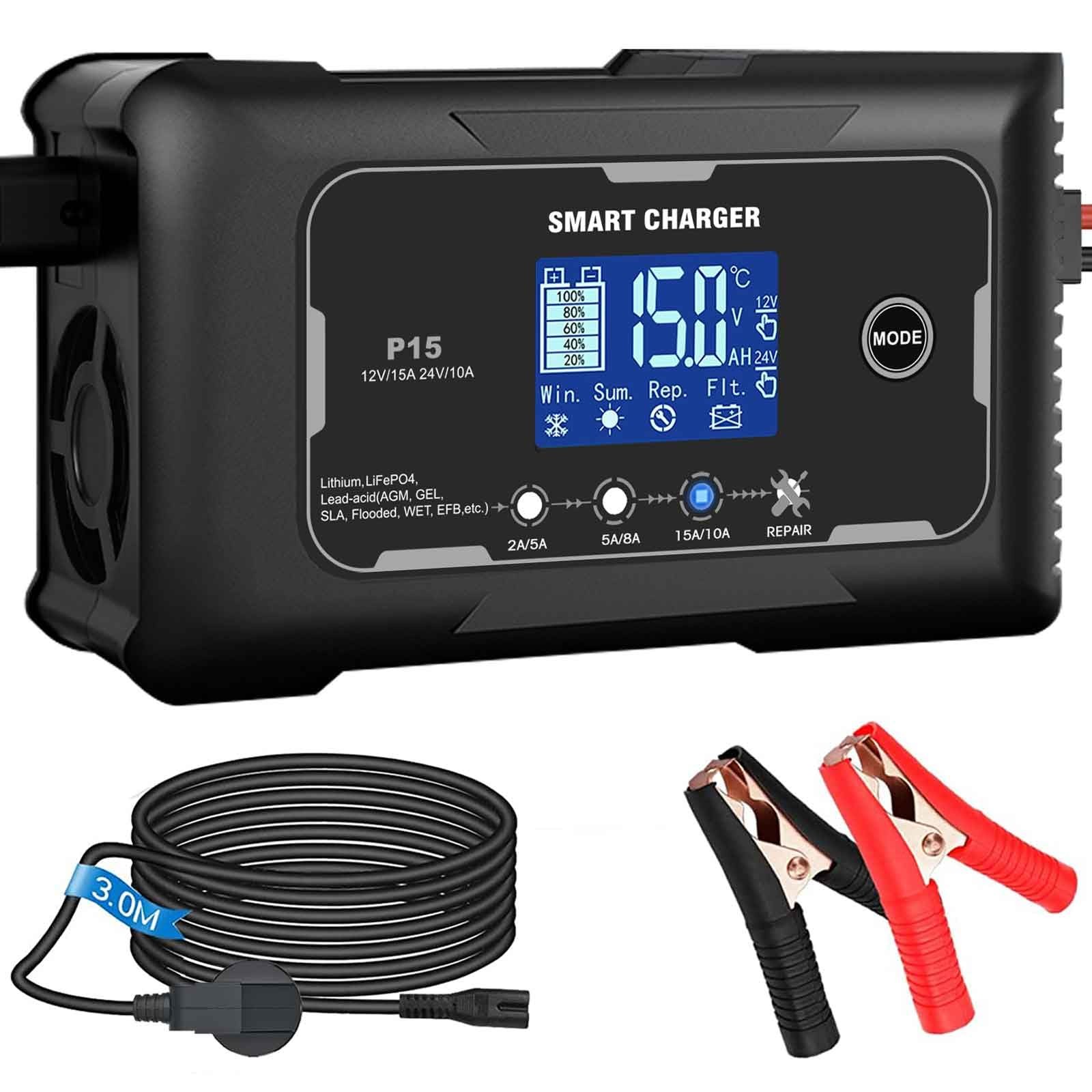 Caricabatteria auto 12 V/15 A & 24 V/10 A caricabatterie per batterie auto moto