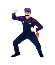 Adult Super Mario Brothers Waluigi Costume Men s Purple Plumber Hat Mustache