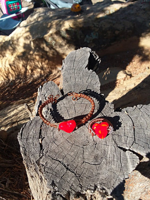 Handmade Copper Wire Wrap, Glass Heart Charm Bracelet And Ring To Match