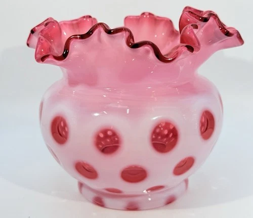 Cranberry opalescent glass vase with coin dot pattern by Fenton Art Glass