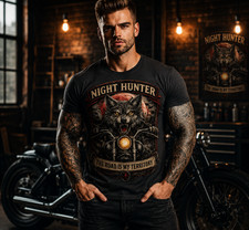 Night Hunter Biker T-Shirt Wolf Motorrad Rock...