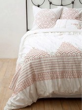 Anthropologie Queen White Duvet With Orange Embroidered Chevron Design