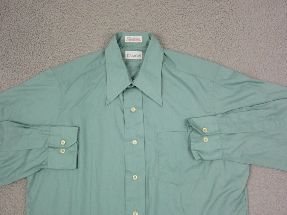 Vintage Damon Shirt Adult 16.5-35 Green Button Up Mens Made in USA Disco 70s 80s - Image 2 of 4