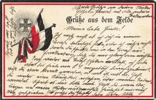 Cartolina WW1 Saluti dal campo Bandiera del Reich EK2 1916 viaggiata...
