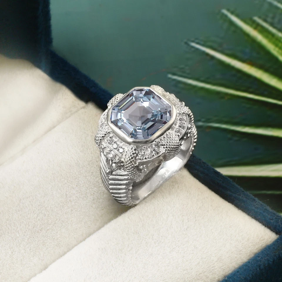 AAA Aquamarin Asscher Schliff Edelstein 11x11 MM, Sterling Silber Verlobungsring - Bild 2 von 4