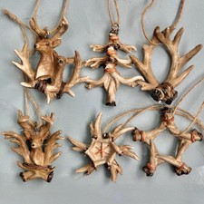 Lot Of 6 Faux Deer Antler Resin Christmas Ornaments, Holiday Hunting Hunter Stag